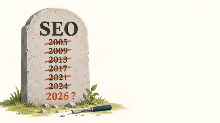 Le SEO est mort, encore : une pierre tombale où la date de décès du SEO a été barrée et regravée chaque année depuis 2005, avec une pousse verte au pied