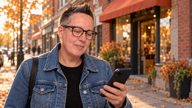 SEO local : Stéphanie Hétu consulte une carte sur son téléphone dans une rue commerçante